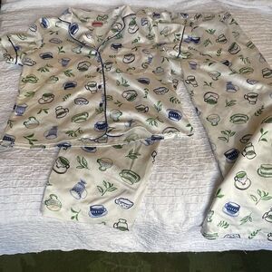 Kate Spade Women’s Satin Pajama Sleepwear Set Teacups White Blue Size Small